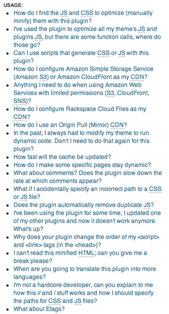 W3 Total Cache plugin - Screenshot of FAQ section