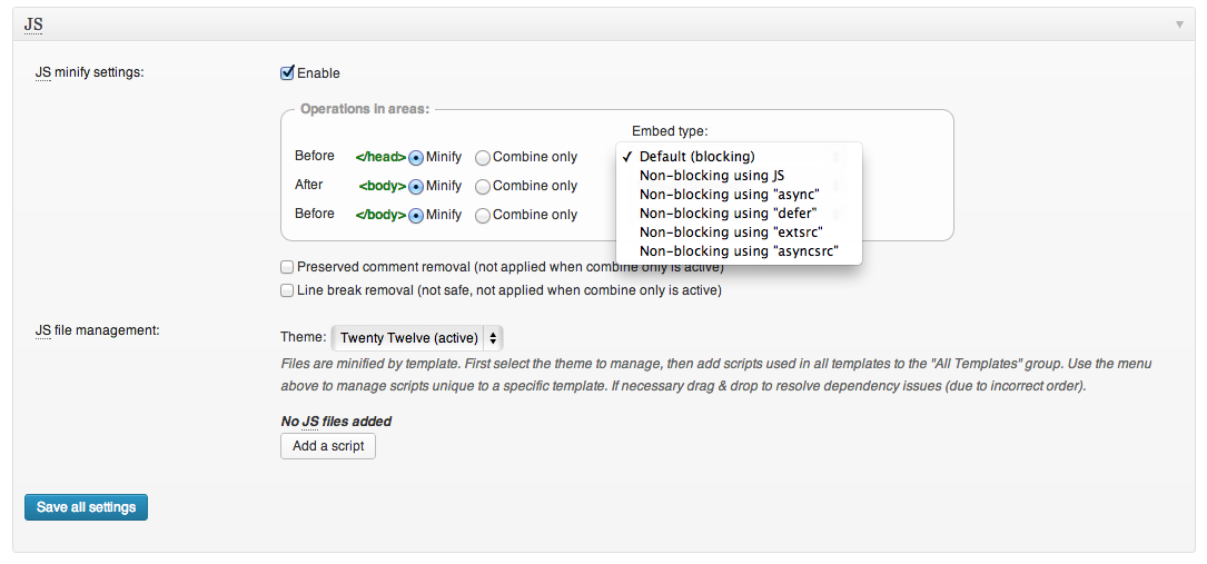W3 Total Cache plugin - Screenshot of options under JS minify
