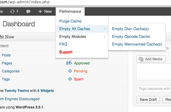 W3 Total Cache plugin screenshot - purge from admin menu bar
