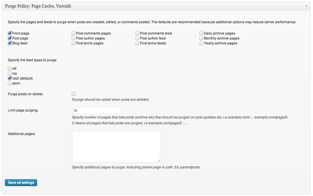 W3 Total Cache plugin - Screenshot of Purge policy